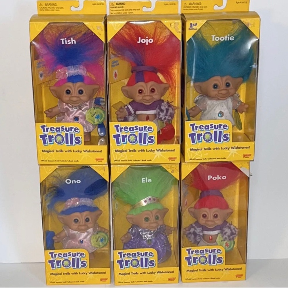 Vintage Lot of 1998 Treasure Trolls- Tish, Jojo, 1st Edit Tootie, Ono, Ele, Polo